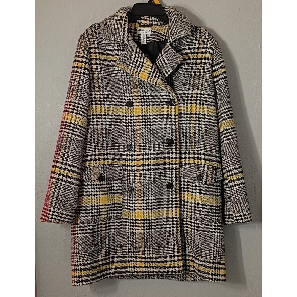 NWT Arizona Jean Vintage Wool Blend Black Yellow Plaid‎ Pea Coat L Y2K Clueless